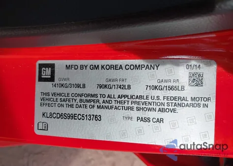 2014 Chevrolet Spark 1Lt Auto z USA, uszkodzony, nr VIN KL8CD6S99EC513763